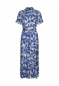 Abito button-down con maniche a campana in tessuto leggero, con sfondo bianco e stampa a foglie blu, dotato di una cintura da annodare e spacco frontale.