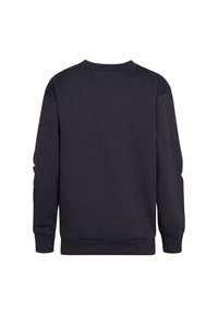 Felpa di colore blu scuro, con scollatura a girocollo, maniche lunghe, polsini e orlo a costine, texture liscia, design semplice, senza grafiche o motivi visibili.