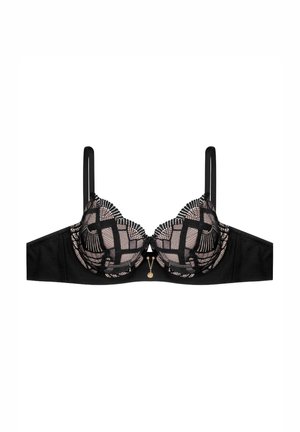 Schwarzer Spitzen-BH mit durchsichtigen, gemusterten Körbchen und gewellten Kanten sowie einem goldenen Hardware-Detail in der Mitte. Verstellbare Träger sind enthalten.