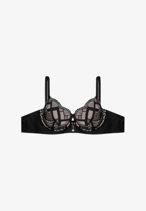 Black lace bra featuring sheer, patterned cups with scalloped edges and a gold hardware detail at the center. Adjustable straps included.