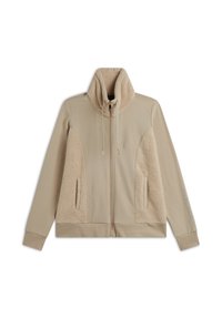 Giacca beige con zip e colletto alto, dotata di pannelli in morbido pile, due tasche frontali e dettagli decorativi sulla manica.