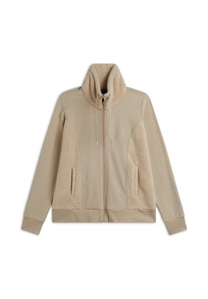 Giacca beige con zip e colletto alto, dotata di pannelli in morbido pile, due tasche frontali e dettagli decorativi sulla manica.