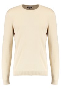 Beige Strickpullover mit rundem Halsausschnitt, langen Ärmeln und Rippbündchen; aus weichem Stoff mit glatter Textur.