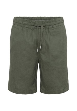 Olive green linen shorts with an elastic waistband, adjustable drawstring, and a relaxed fit. Features simple, smooth texture.