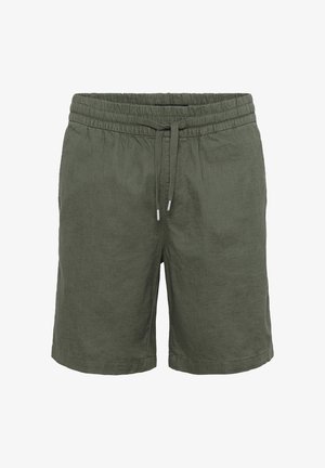 Olive green linen shorts with an elastic waistband, adjustable drawstring, and a relaxed fit. Features simple, smooth texture.