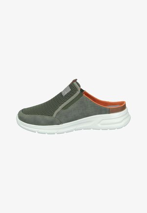 Green slip-on shoe with mesh and suede materials, orange accents, white sole, rounded toe, and textured detailing on the sides.