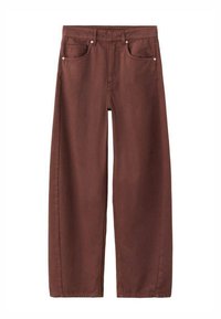 Jeans marrones de pierna ancha hechos de mezclilla. Cuenta con cinco bolsillos, herrajes plateados y un dobladillo limpio. Textura suave con acabado mate.