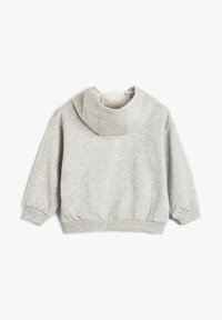 Felpa grigia con cappuccio, polsini elastici e vita elastica. Realizzata in morbido tessuto misto cotone, con una texture liscia. Vista posteriore.