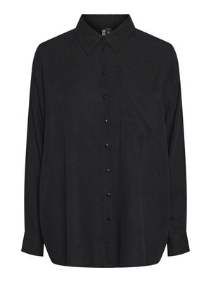 Black long-sleeve button-up shirt with pointed collar and chest pocket, made of lightweight fabric.