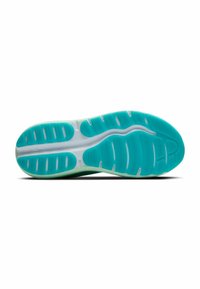 Semelle de chaussure en turquoise et blanc, arborant un design texturé avec des rainures et motifs pour une meilleure adhérence. Matériau en caoutchouc léger.