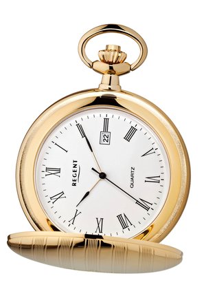 Montre de poche en or avec un cadran blanc, des chiffres romains noirs et des aiguilles, présentant un motif texturé sur le boîtier.