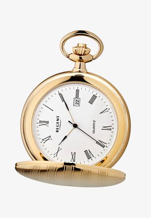 Montre de poche en or avec un cadran blanc, des chiffres romains noirs et des aiguilles, présentant un motif texturé sur le boîtier.