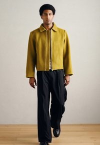 Maslinasto zelena, kratka jakna iz mehkega blaga z ovratnikom in zadrgo spredaj. Kombinirana z razpoloženimi črnimi hlačami in elegantnimi čevlji.