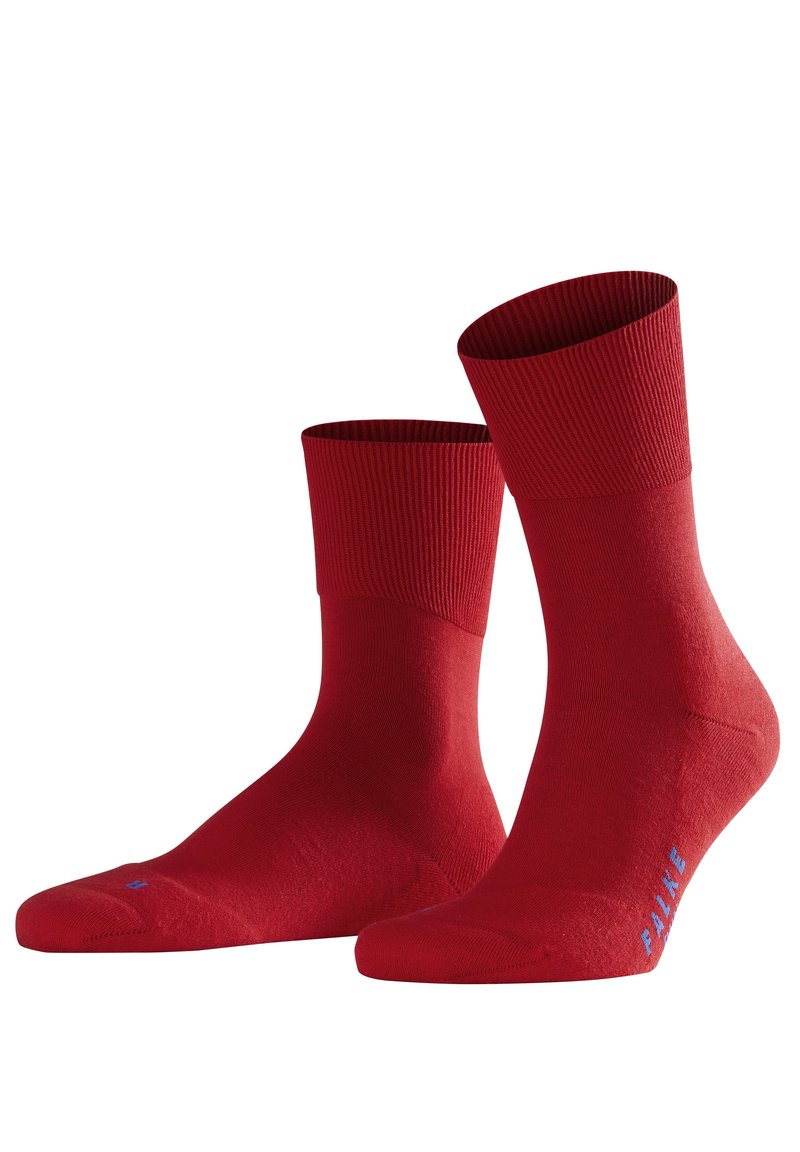 Pair of bright red mid-calf socks with ribbed cuffs and blue "FALKE" branding on the side, displayed on a white background.