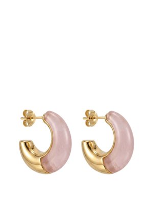 Pair of gold-tone hoop earrings with a curved pink semi-transparent stone accent and post-back closures.