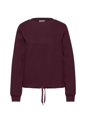 Bordeaux pullover sweatshirt med lange ærmer, rund hals, elastisk talje og snøre detaljer ved kanten. Glat tekstur.