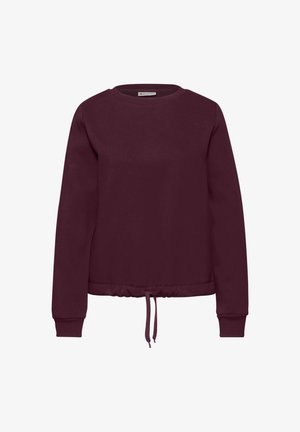 Sudadera de color burdeos con mangas largas, cuello redondeado, cintura elástica y detalle de cordón en el dobladillo. Textura suave.