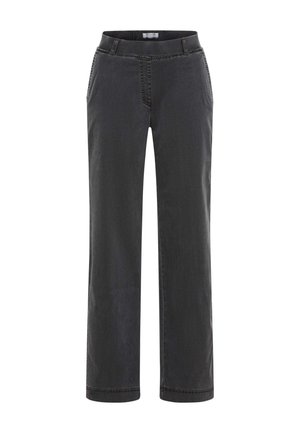 Schwarze Jeans mit geradem Schnitt, seitlichen Taschen und Kontrastnähten. Eignet sich für die Freizeit.