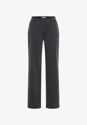 Black pants made of denim, featuring a straight leg design, side pockets, and contrast stitching. Suitable for casual wear.