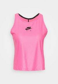Débardeur en maille rose Nike Air sans manches avec logo noir centré sur la poitrine et bordure intérieure noire au col avec texte "AIR" répété.