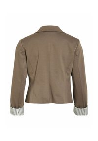 Veste marron sur mesure avec manches longues et poignets retournés rayés blancs, vue de dos sur un fond blanc.