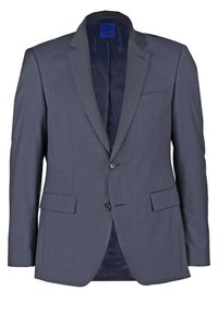Šedý blazer s klopami, zapínání na jeden knoflík, dvě přední kapsy a modrou podšívkou. Přiléhavý střih, hladká textura.
