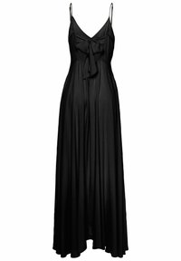 Juoda maksi suknelė su plonomis petnešėlėmis, V formos iškirpte, centriniu kaspinėlių akcentu ir sklandžiu sijonu, pagamintu iš minkštos medžiagos.
