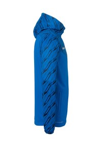 Hættejakke i klart blå med et struktureret sort mønster på ærmerne. Har en frontlomme og et blødt, glat materiale.