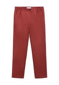 Red linen pants with an elastic waistband, single button closure, side pockets, straight legs, and a slightly textured fabric finish.