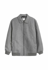 Grijs wollen mix ritsjack met een kraag, twee zijzakken, ribgebreide manchetten en zoom, met een gladde textuur en een minimalistisch ontwerp.