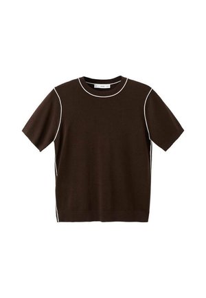 Dark brown short-sleeve knit shirt with white trim along neckline, shoulder seams, and sides, displayed on a white background.