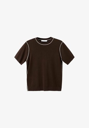 Dark brown short-sleeve knit shirt with white trim along neckline, shoulder seams, and sides, displayed on a white background.