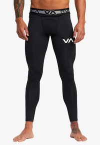 Sorte atletiske leggings med en tætsiddende pasform, lavet af strækbart stof. Har en grå talje med et logo og et forstærket støtteområde.