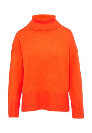 Maglione oversize con collo a lupetto in maglia arancione vivace. Presenta dettagli a costine sul collo e sull'orlo, con spalle scese e maniche lunghe.