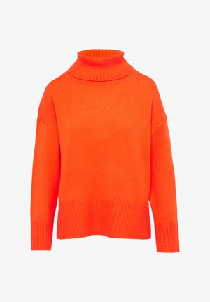 Übergroßer Rollkragenpullover aus leuchtend orangefarbenem Strick. Mit gerippten Akzenten am Kragen und Saum, sowie mit überschnittenen Schultern und langen Ärmeln.