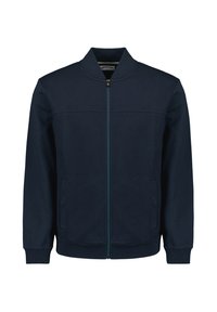 Marine blauwe bomberjack met ritssluiting in een textuurstof, voorzien van een staande kraag, voorkantzakken en contrasterende ritsdetails.