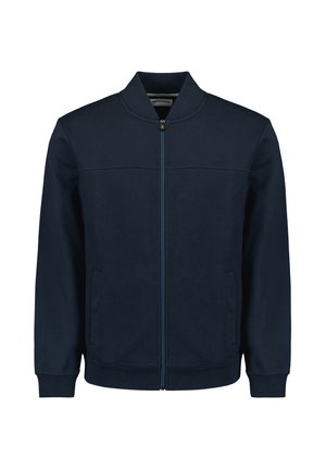 Marine blauwe bomberjack met ritssluiting in een textuurstof, voorzien van een staande kraag, voorkantzakken en contrasterende ritsdetails.