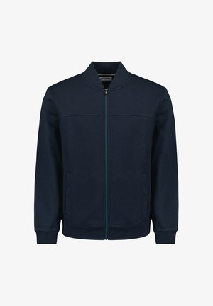 Marine blauwe bomberjack met ritssluiting in een textuurstof, voorzien van een staande kraag, voorkantzakken en contrasterende ritsdetails.