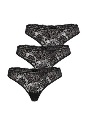 Zwart kanten slipset met bloemige patronen, geschulpte randen en doorzichtige details, gerangschikt in een gestapelde formatie.