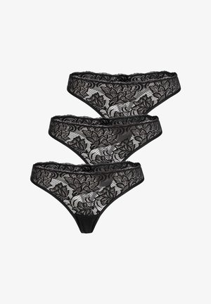 Schwarzes Spitzen-Stringunterwäsche-Set mit floralen Mustern, gewellten Rändern und durchsichtigen Details, in gestapelter Formation angeordnet.