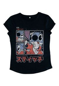 Schwarzes Baumwoll-T-Shirt mit mehrfarbigen Cartoon-Grafik-Panels und japanischem Text. Kurze Ärmel mit aufgerollten Bündchen und abgerundetem Saum.