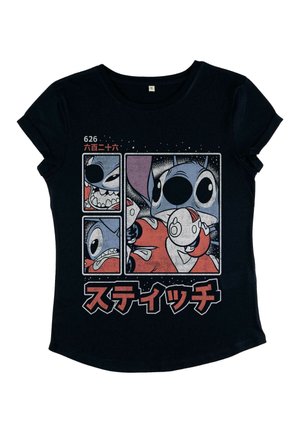 Zwarte katoenen T-shirt met multicolore cartoon grafische panelen en Japanse tekst. Korte mouwen met opgerolde cuffs en een gebogen zoom.