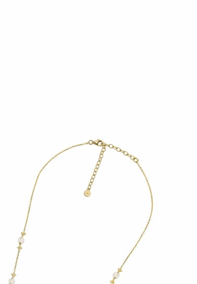 Gold chain necklace featuring round white beads and star-shaped accents, with a clasp and adjustable length chain.