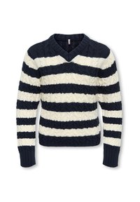 Tamsiai mėlynos ir baltos spalvos dryžuotas megztinis su ilgomis rankovėmis ir V formos apykakle.