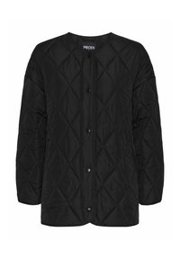 Black quilted jacket features a round neckline, snap buttons, and diamond stitching pattern. Soft texture with a relaxed fit.