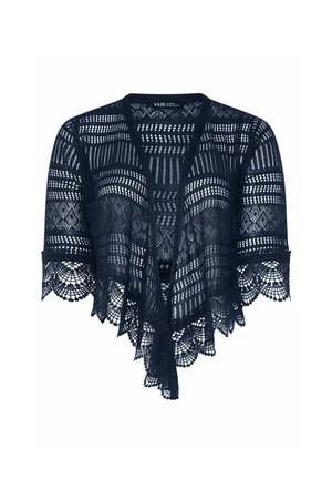 Coprispalle in pizzo blu navy aperto sul davanti con motivi geometrici e floreali, maniche a mezza lunghezza e bordi smerlati.
