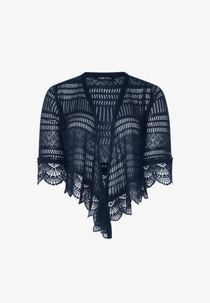Étole en dentelle bleu marine ouverte sur le devant avec des motifs géométriques et floraux, manches mi-longues et bords festonnés.