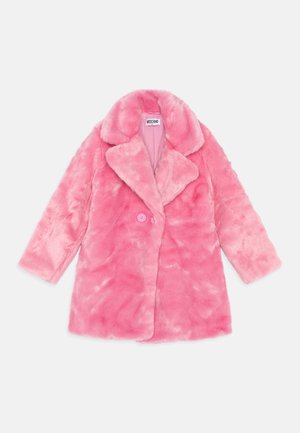 Pink faux fur coat with a notched collar, single button closure, and long sleeves. Soft texture with varying shades of pink throughout.