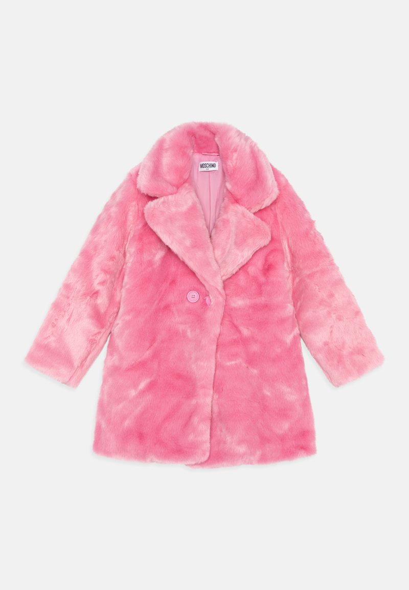 Pink faux fur coat with a notched collar, single button closure, and long sleeves. Soft texture with varying shades of pink throughout.