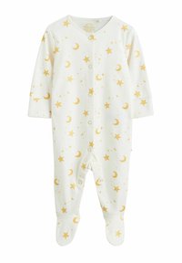 Weißer Baby-Overall mit goldenen Stern- und Mond-Muster, langen Ärmeln, Druckknöpfen entlang der Vorderseite und Fußdesign. Aus weichem Baumwollmaterial.